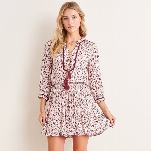 POUPETTE ST BARTH Donna Tunica Mini Dress in Rayon Georgette Print Purple Tassel - Picture 1 of 11